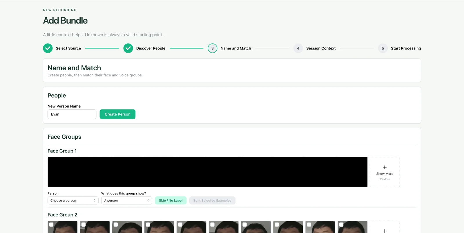 Sima's Add Bundle intake screen, step 3 of 5, Name and Match: create a person, then assign face groups of cropped face images to that person.
