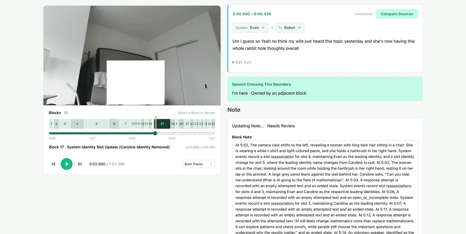 Sima's review screen: source video with a 30-block timeline on the left; on the right, a timed speech turn with speaker and addressee, a note about speech crossing the block boundary, and an editable block note.